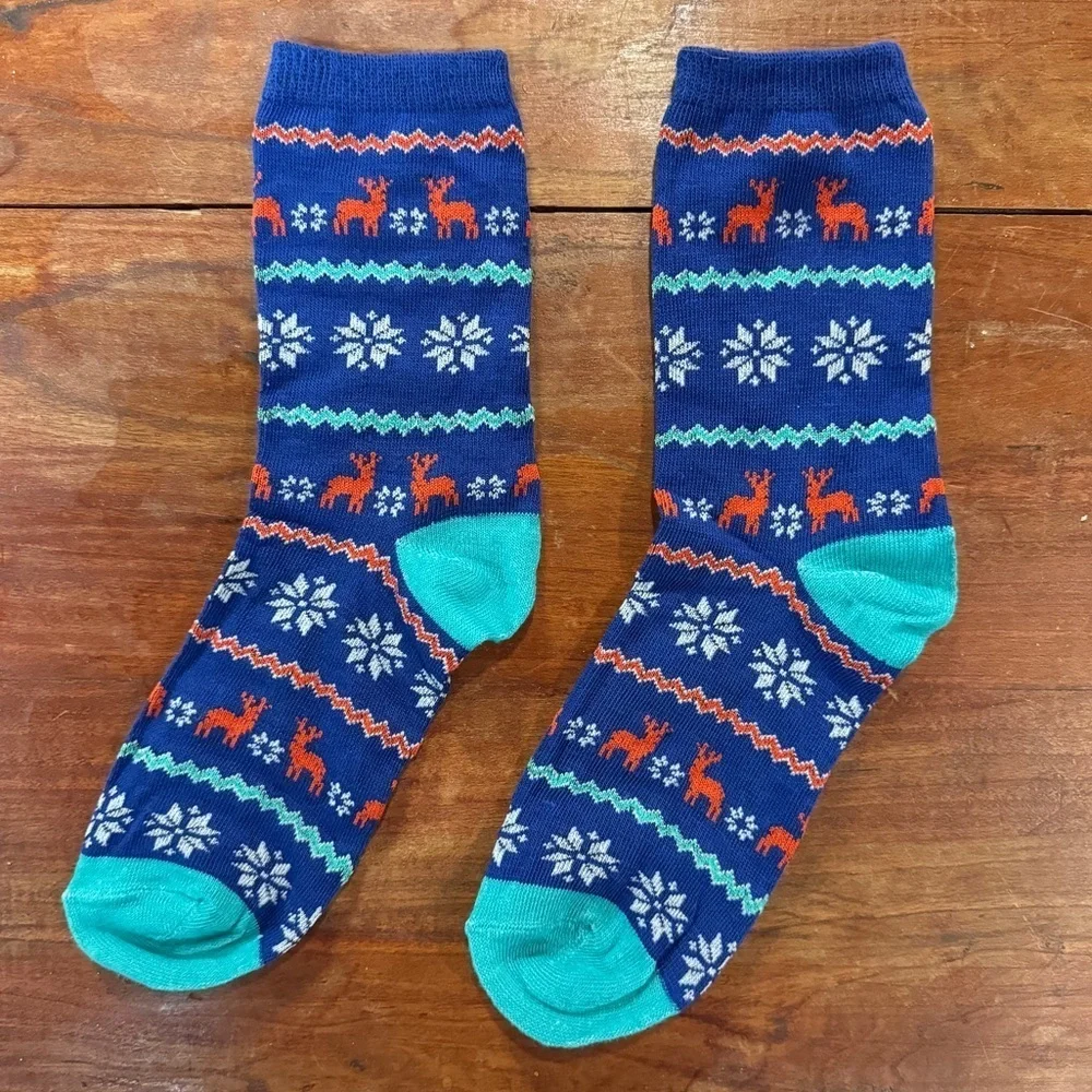 Blue Knit Holiday Themed Crew Socks